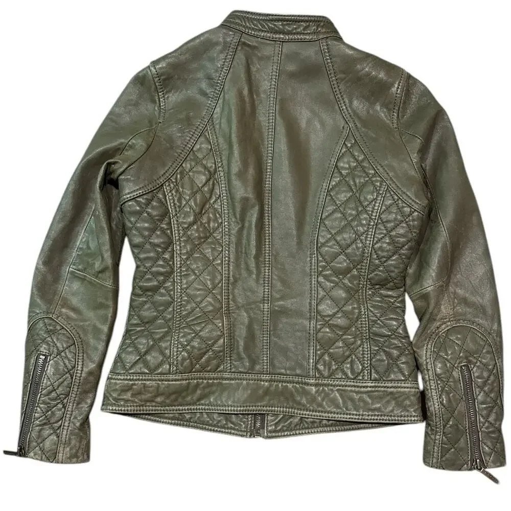 Michael Kors Green Leather Quilted Moto Jacket Small